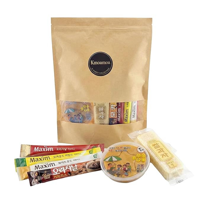 Korean Instant Coffee Packets Mix - 30 Sticks Variety Pack with Dalgona Candy &amp Rice Snacks | 5 Flavors Gift Set (Maxim Original Mocha Gold)