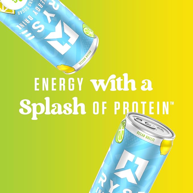 RYSE Functional Energy Drink - Ocean Breeze - 150mg Natural Caffeine 8g Whey Protein &amp 1g Prebiotics - Sugar Free Gut-Friendly Bloat-Free - 12 fl oz Cans (12-Pack)
