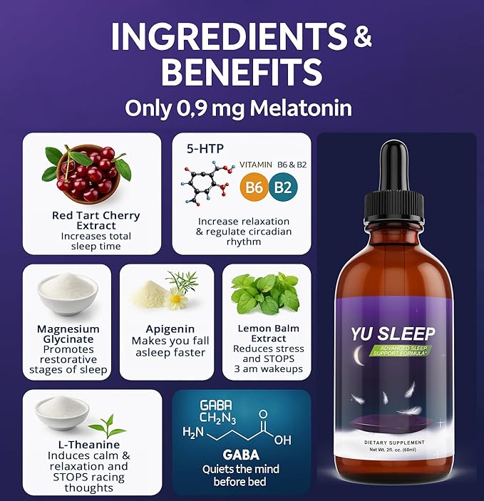 YuSleep – Natural Sleep Drops with Tart Cherry GABA &amp 5-HTP – Helps Reduce 3 A.M. Wake-Ups Calm a Racing Mind &amp Support Deep Restorative Sleep – Gentle 0.9 mg Melatonin – 2 oz / 60 ml