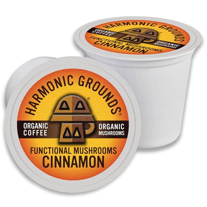 Harmonic Grounds Organic Mushroom Coffee Pods - Cinnamon Flavored Medium Roast with Lion's Mane Reishi Chaga Cordyceps &amp Turkey Tail - Compatible with Keurig K-Cup Brewers - 34 Count