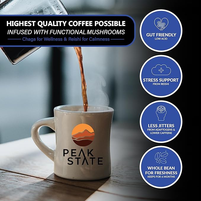 Peak State Stress Less Coffee with Benefits Dark Roast – Mushroom Coffee Low Acid &amp Smooth Full-Bodied &amp Deep Dark Chocolate Organic Whole Bean Coffee Gluten Free 12 oz. Each