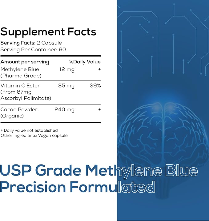 Methylene Blue Pharmaceutical Grade Capsules 120 Count 2 Month Supply for Focus &amp Cognitive Support for Adults - Third Party Tested and Made in USA