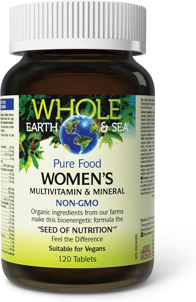 Natural Factors Whole Earth &amp Sea Women's Multivitamin &amp Mineral - Daily Whole Food Supplement with Iron Vitamin C &amp More - Vegan Non-GMO &amp Gluten-Free - 120 Tablets (60 Servings)