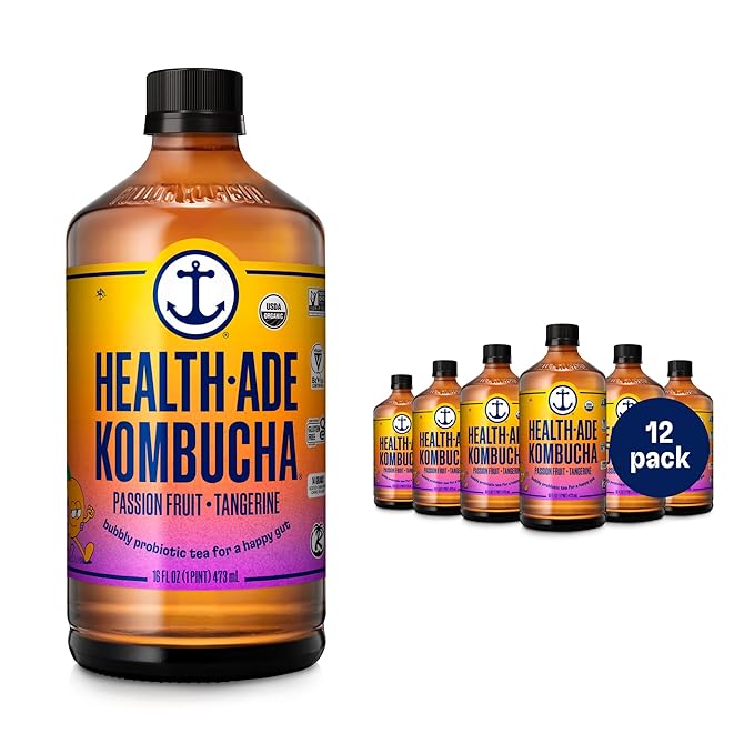 Health-Ade Kombucha Tea Organic Drink Fermented Tea with Living Probiotics Detoxifying Acids Supports Gut Health Non-GMO Vegan Gluten Free 12 Pack (16 Fl Oz Bottles) Passion Fruit Tangerine