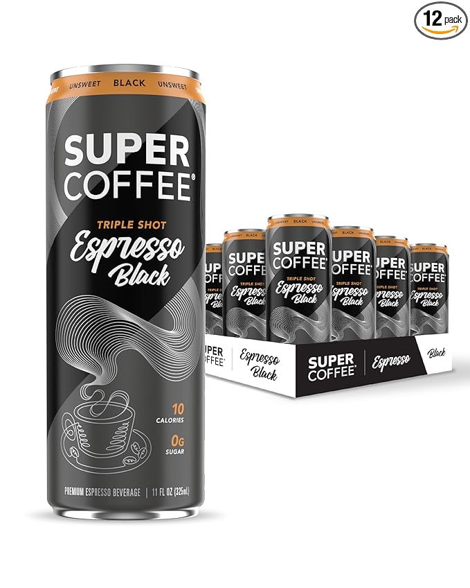 SUPER COFFEE Espresso Iced Keto Coffee (0g Added Sugar 10 Calories) [Triple Shot Black] 11 Fl Oz 12 Pack | Cold Brew Smart Coffee Drinks - SoyFree GlutenFree