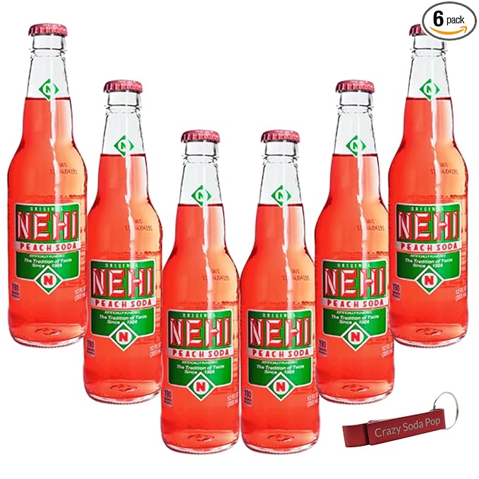 Nehi Peach Soda | Real Cane Sugar | Caffeine Free | Throwback Retro Bottle | 12 oz Glass Bottles with Crazy Soda Pop Bottle Opener (6 Pack)