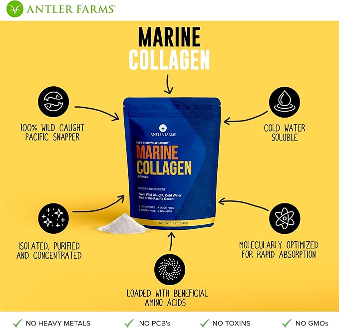 Antler Farms - 100% Pure Clean Marine Collagen Powder from Wild Caught Pacific Snapper 12 oz – Soluble in Hot or Cold Liquids Highly Bioavailable Rapid Absorption No Taste or Smell