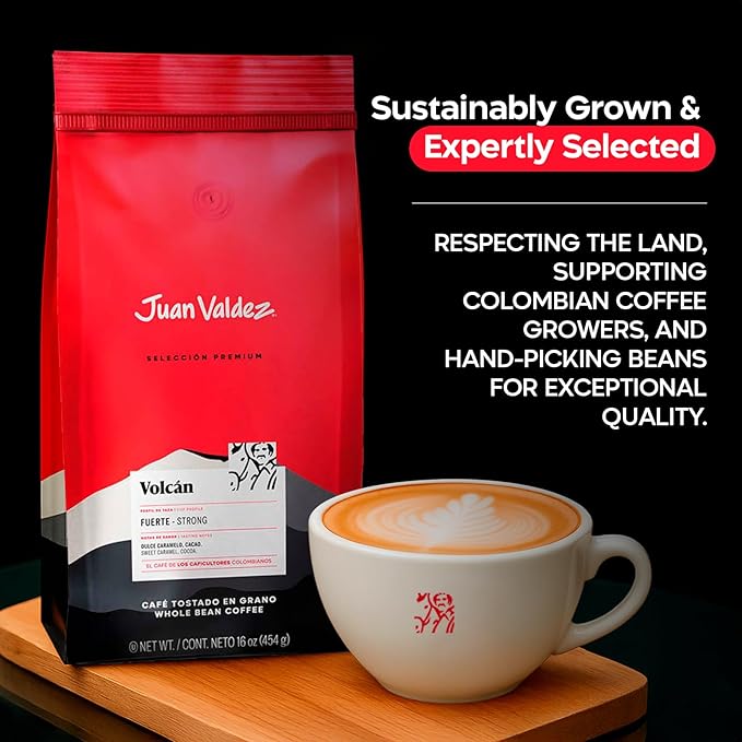 Juan Valdez Volcan Whole Bean Coffee - Dark Roast | 100% Colombian Arabica Beans | 100% Colombian Coffee with Low Acidity and Notes Of Sweet Caramel &amp Cocoa | 16 oz / 454 gr