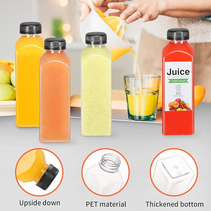 36pcs 16oz Plastic bottles with lids juice bottles with caps Reusable containers and Clear beverage for milk Smoothies juice