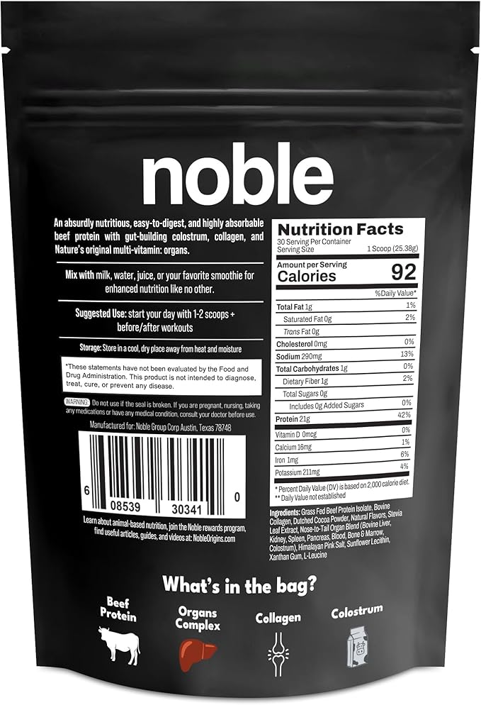 Noble All-in-One Chocolate Protein Powder 21g Grass-Fed Beef Protein &amp Collagen Colostrum &amp Organ Blend Whey-Free Seed Oil-Free Zero-Carb 30 Servings (1.75lbs)