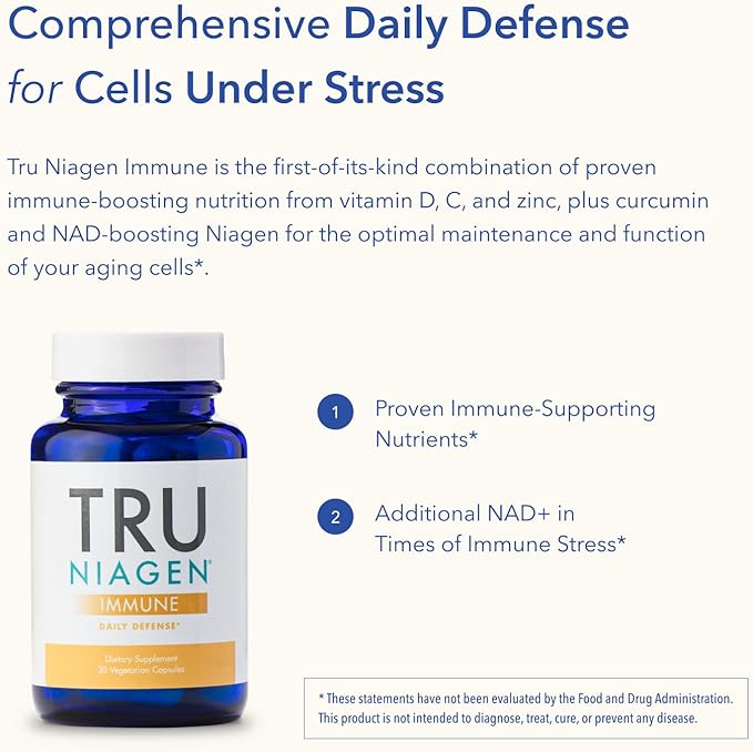 TRU NIAGEN Immune Support Supplement - Daily Defense - Vitamin C from Fermentation Vegan Vitamin D3 2000 IU Zinc Plus Theracurmin (Curcumin) + Multi Award-Winning NAD Boosting Niagen 150mg 30ct