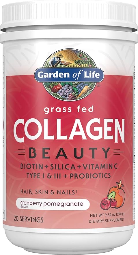 Garden of Life Grass Fed Collagen Beauty - Cranberry Pomegranate 20 Servings Powder for Women Men Hair Skin Nails Hydrolyzed Collagen Peptides Protein Powder Supplement