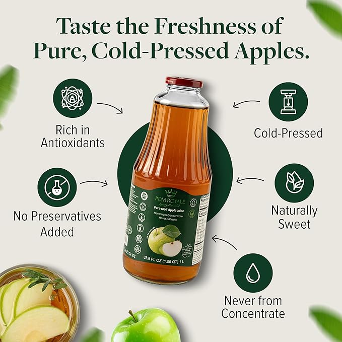 Pure Apple Juice 33.8oz Glass Bottle (Pack of 4) Cold Pressed Juice Not from Concentrate Non-GMO No Sugar Added Gluten Free Kosher Certified Preservative Free