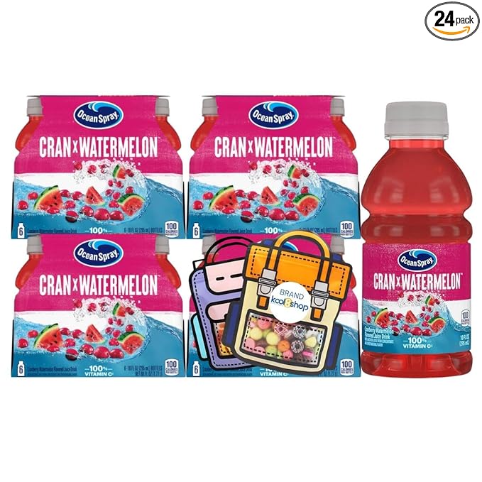 Ocean Spray Cran Watermelon Fruit Juice Drink 10 fl oz Plastic Bottles 24 Pack + 2 Reusable Snack Bags by KOOL8SHOP Infinite Deals