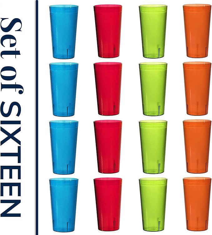 US Acrylic Cafe Plastic Reusable Tumblers (Set of 16) 20-ounce Water Cups Assorted Colors | Restaurant Style Drinking Glasses Value Set Stackable BPA-free Made in the USA | Top-rack Dishwasher Safe