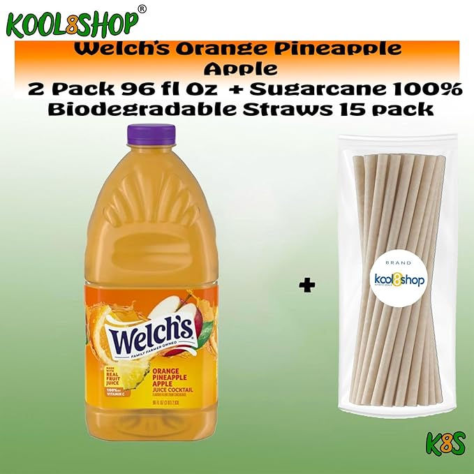 Welch's Orange Pineapple Apple Juice Drink 96 fl oz Plastic Bottle 2 Pack + 15 Sugarcane Disposable Straws by KOOL8SHOP Infinite Deals