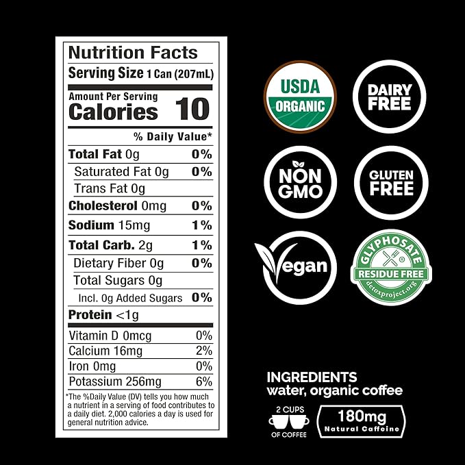 RISE Brewing Co. Original Black Nitro Cold Brew Coffee No Sugar Vegan Organic &amp Non-GMO Low Acidity 7 Fl. oz. Cans (12 Pack)