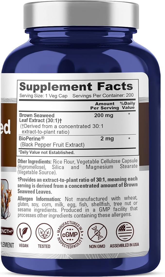 NusaPure Brown Seaweed Capsules 200 mg 200 Veg Capsules (Non-GMO Vegan)