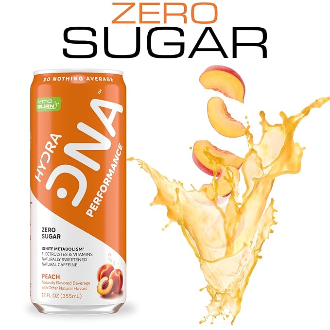 HYDRADNA- Clean Performance Drink Zero Sugar | For Natural Fuel Alertness Boost Stamina120 mg Organic Caffeine Natural Flavors Zero Sucralose Clean Ingredients (12 Pack) (12 Pack Peach)