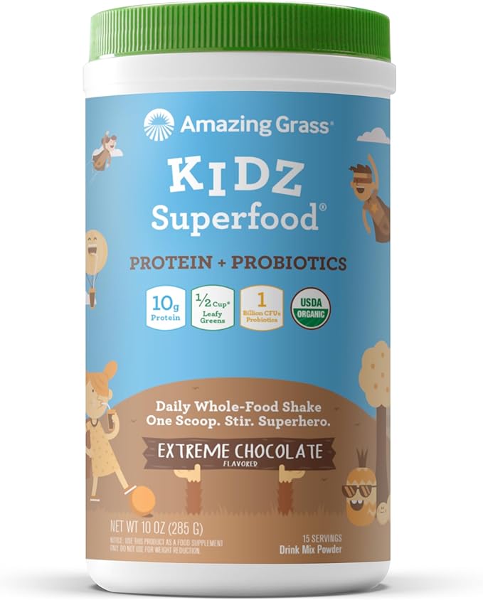 Amazing Grass Kidz Superfood: Vegan Protein &amp Probiotics for Kids with Beet Root Powder &amp 1/2 Cup of Leafy Greens Extreme Chocolate 15 Servings