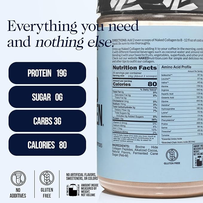NAKED Chocolate Collagen Peptides Protein Powder 24 Servings Pasture-Raised Grass-Fed Hydrolyzed Collagen Supplement Paleo Friendly Non-GMO Keto Gluten Free 20oz