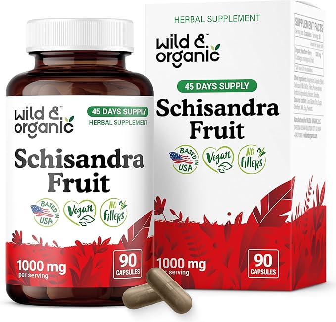Wild &amp Organic Schisandra Capsules 1000 mg - Mood &amp Relaxation Support - Schisandra Berry Extract Supplement - Vegan No Fillers Non-GMO - 90 Count