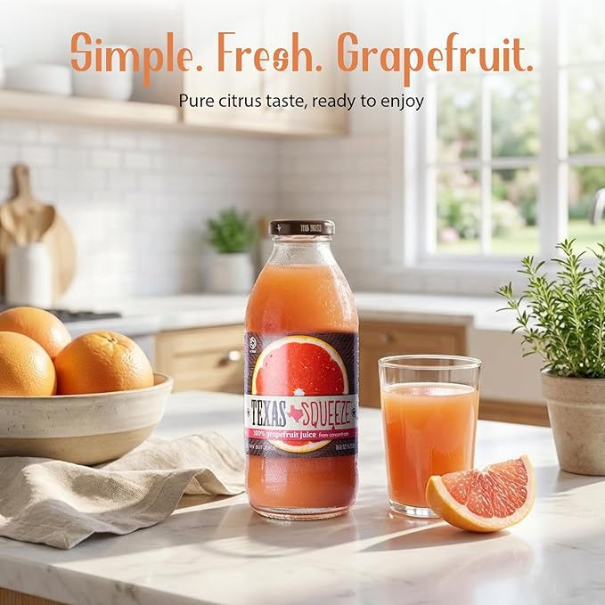 Texas Squeeze Grapefruit Juice NON GMO Verified Texas Grown and Bottled Grapefruit Juice from Concentrate No Sugar Added No Preservatives 16 fl oz Pack of 12