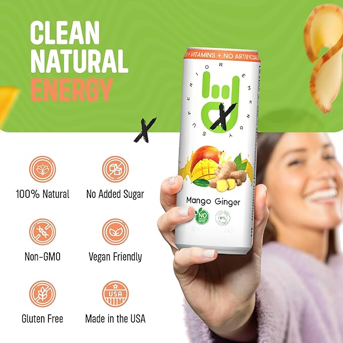 Superior Energy Electrolytes Drink Zero Calories – Energy Drink Zero Sugar – Mango Ginger Flavor 90mg Natural Caffeine – Pack of 12 (12 fl oz each)