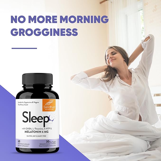 Sandhu's Sleep 60 Capsules –Non-Habit Forming 5-in-1 Sleep Aid Supplement with Melatonin Magnesium GABA L-Theanine &amp 5-HTP