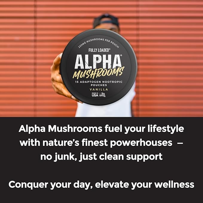 Fully Loaded Alpha Mushroom Pouches - Adaptogen Nootropic Pouches (5-Pack Vanilla) - Lion's Mane Cordyceps &amp Chaga - 5 cans 15 Pouches per can - Functional Mushrooms - Made in the USA