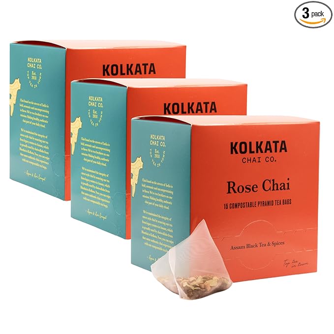 Kolkata Chai - Rose Chai Tea Bag 45 Count Premium Assam Black Tea and Spices Compostable Tea Bags Vegan All Natural