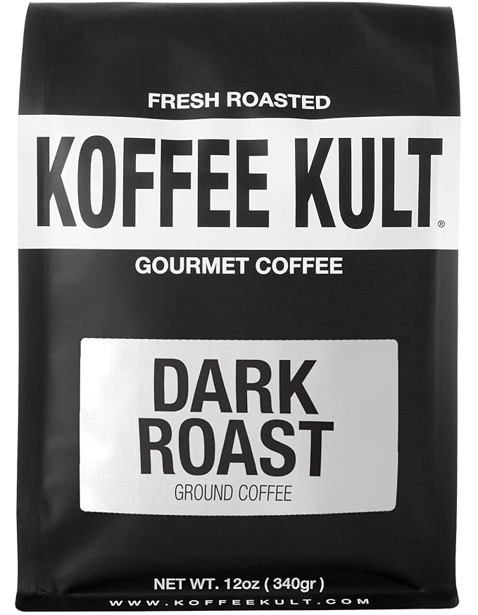 Koffee Kult Dark Roast Ground Coffee - Small Batch Gourmet Aromatic Artisan Blend 100% Arabica Coffee Organically Sourced (Ground 12oz)