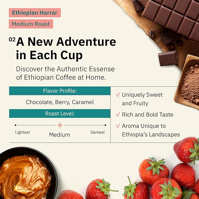 Organic Ethiopian Ground Coffee Medium Roast - 12 oz Single Origin Ethiopian Harrar Coffee Beans Specialty Coffee Fair Trade Chocolate &amp Fruity Notes - Roasted To Order