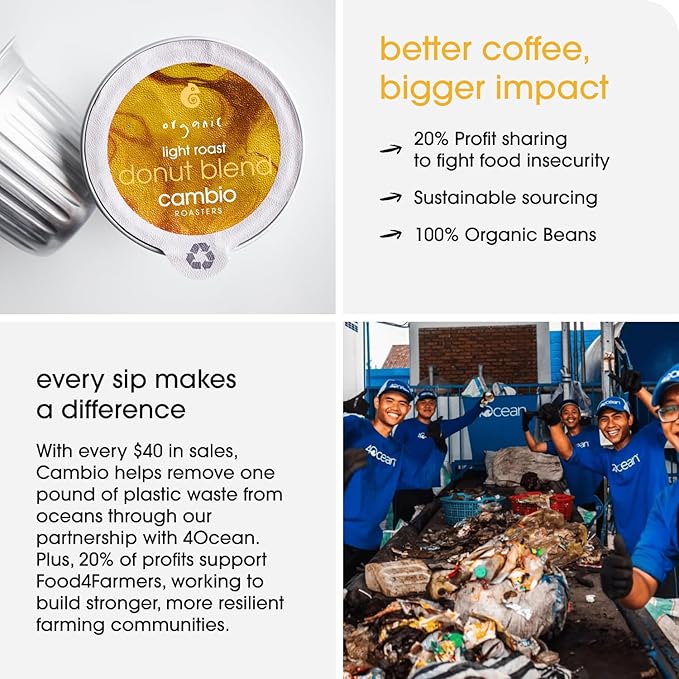 Cambio Roasters Organic Coffee Pods - Donut Blend Light Roast The Only Organic Recyclable Aluminum Coffee Pods Small Batch Roasted Keurig® Compatible Balanced Flavor Longer Lasting Freshness 60