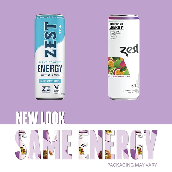 Zest Clean Energy Drink – Passionfruit Berry – 150mg Caffeine + 100mg L-Theanine – Natural Focus &amp Concentration Boost – Healthy Energy Drink 12oz Can 12 Pack – Low Sugar No Artificial Sweeteners