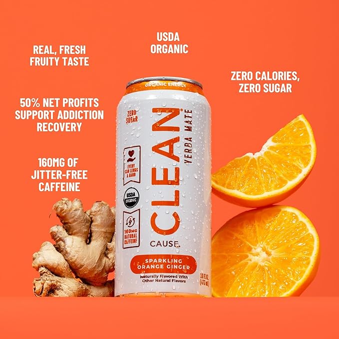 CLEAN Cause Zero Calorie Zero Sugar Orange Ginger &amp Cherry Lime Yerba Mate Organic Energy Drink Alternative (16oz cans 2-12-Pack Case) Keto Friendly 160mg Caffeine