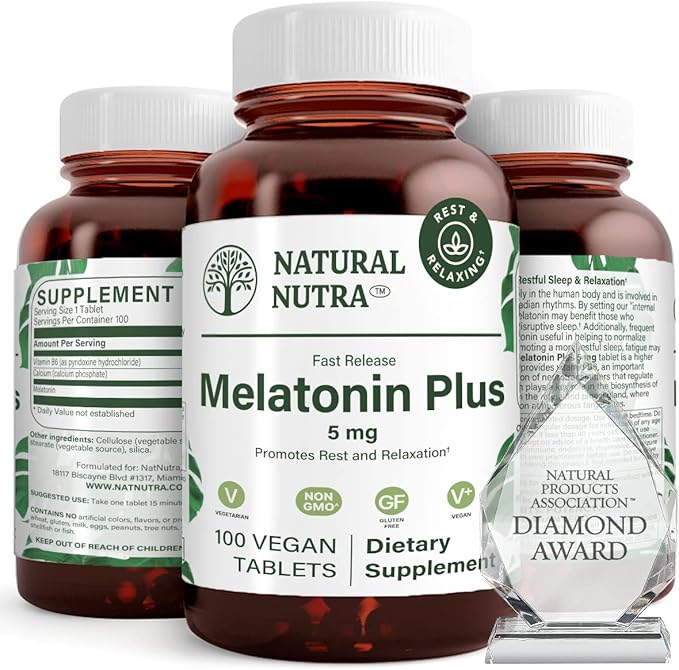 Natural Nutra Vegan Melatonin 5mg with Vitamin B6 Fast Dissolve Melatonin with Calcium for Optimal Sleep Promoting More Restful Sleep Gluten Free Non GMO 100 Tablets
