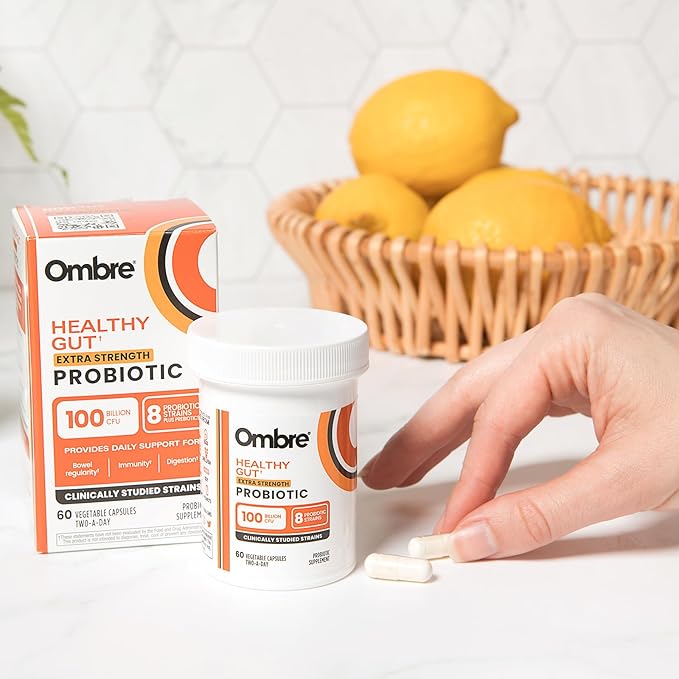 Ombre Healthy Gut Probiotics for Digestive Health 100 Billion CFU - Prebiotics and Probiotics for Women &amp Men with Lactobacillus Acidophilus &amp Digestive Enzymes Gut Health Support Vegan 30