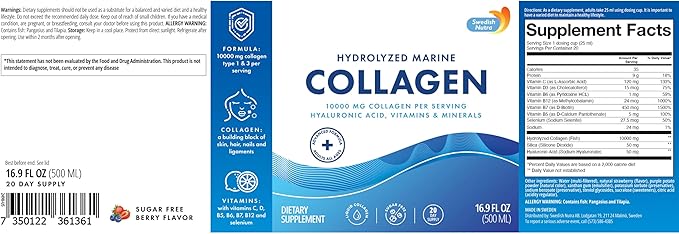 Swedish Nutra 10000 mg Hydrolyzed Marine Collagen Liquid Supplement - 500 ml 20 Day Supply | Hyaluronic Acid Biotin &amp Vitamin C for Healthy Hair Skin Nails &amp Joints | For Men &amp Women