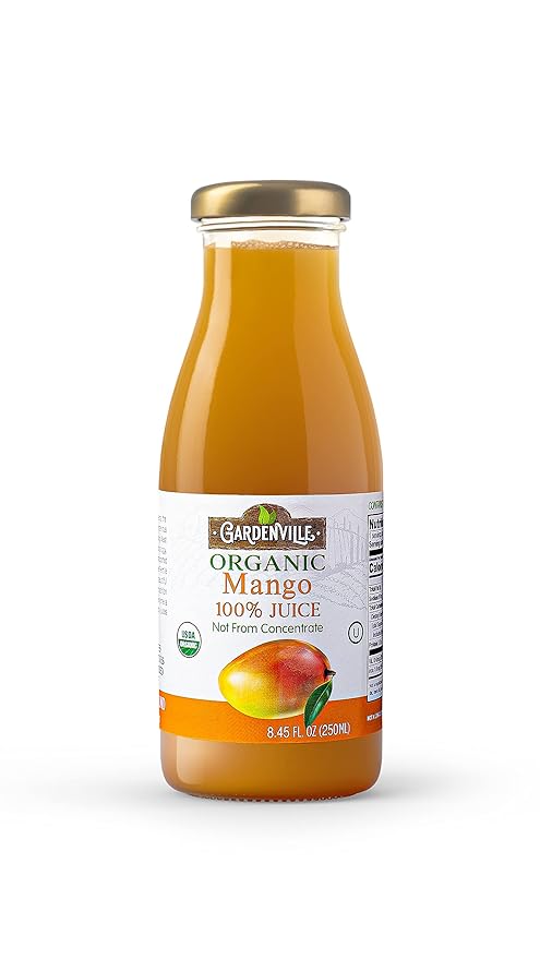 Gardenville Organic Mango Juice (Pack of 12) USDA Organic No Added Sugar U Kosher Certified Pasteurized 8.4 oz Glass Bottles (Mango)