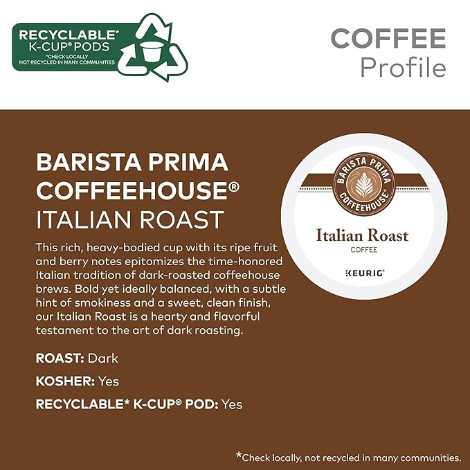 Barista Prima Italian Roast Coffee Keurig K-Cup Pods Dark Roast 96/Carton (66149)