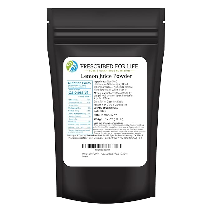 Prescribed for Life Lemon Juice Powder Natural Spray Dried &amp Unsweetened Non GMO Lemon Juice Reconstitute Ratio 1:2 (12oz / 340g)