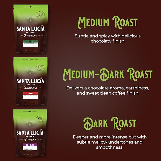 Santa Lucia Coffee - Specialty Nicaraguan Coffee Sampler Pack - Light Medium &amp Dark Roast - Low Acid 91 Point SHG Small Batch Roasted 100% Single-Origin Ground Coffee 3 Bags (12oz Each)