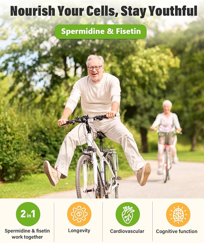 Spermidine &amp Fisetin Supplement - 20mg of 99% Spermidine Per Serving 3HCL &amp 300mg Fisetin for Women Men Cell Renewal Aging Defense &amp Longevity Gluten Free Non-GMO Made in USA | 90 Veg