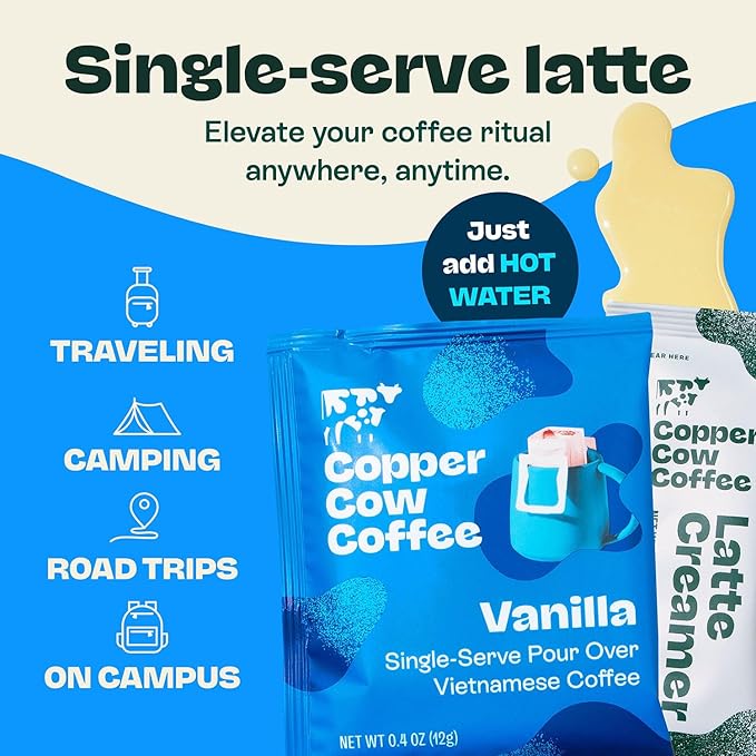 Copper Cow Vietnamese Coffee Variety Pack (15 Coffees &amp 15 Creamers)| Classic Churro &amp Vanilla Latte | Pour Over Single-Serve Lattes No Refrigeration Needed Travel Friendly Ground Coffee