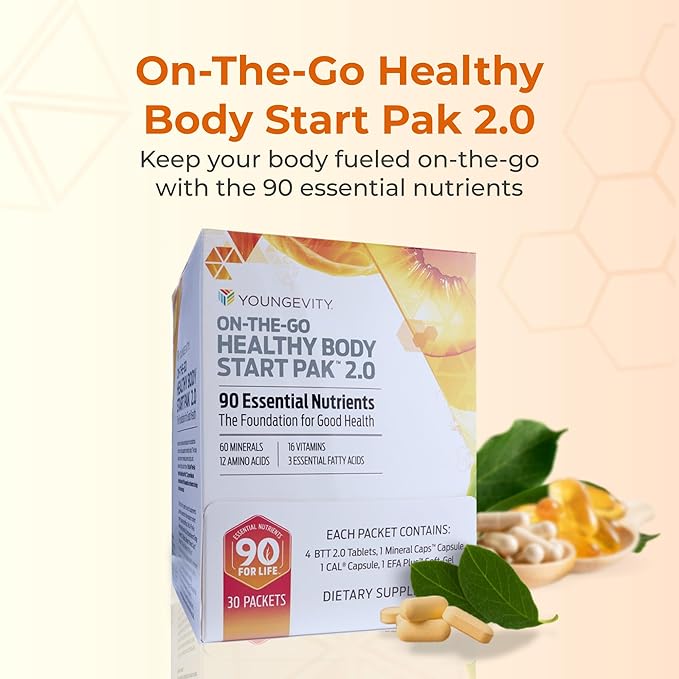 Youngevity On-The-Go Healthy Body Start Pak 2.0 - Includes Multi-Vitamins Minerals EFAs &amp Amino Acids | 90 Essential Nutrients | 30-Day Supply