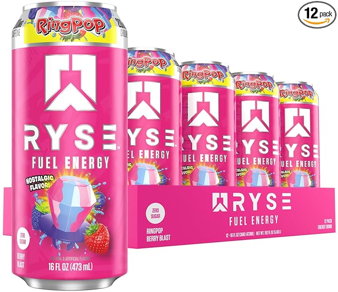 RYSE Fuel Energy Drink - Ring Pop Berry Blast - Sugar Free Gluten Free &amp Vegan - 200mg Natural Caffeine Taurine &amp Choline for Focus &amp Energy - No Artificial Colors - 16 fl oz Cans (12-Pa