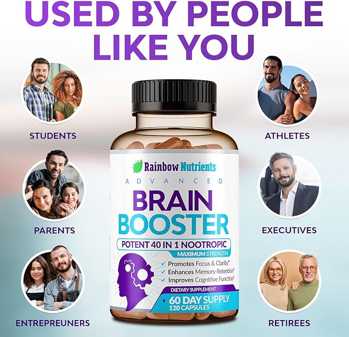 40-in-1 Brain Booster Supplements for Memory Focus Clarity Energy Performance | Natural Nootropic Brain Support Supplement with DMAE Bacopa Monnieri &amp More | For Men &amp Women | 120 V Capsu