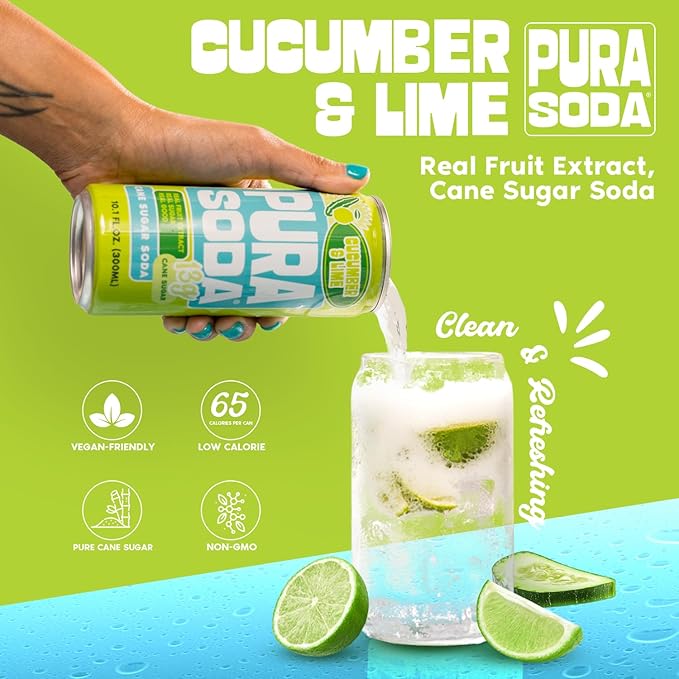 PuraSoda® Cucumber &amp Lime | 65 Calories &amp 13g Pure Cane Sugar per Can | Non-GMO Vegan | Made with Pure Cane Sugar Clean &amp Refreshing | 10 fl oz (300ml) Cans Pack of 24