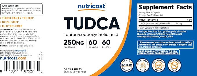 Nutricost Tudca 250mg 60 Capsules (Tauroursodeoxycholic Acid) - Premium Quality